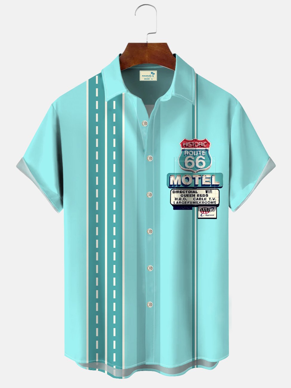 Alohadaddy Route 66 Stop Sign Men Button Pocket Casual 50S Bowling Commuter Short Sleeve Shirt