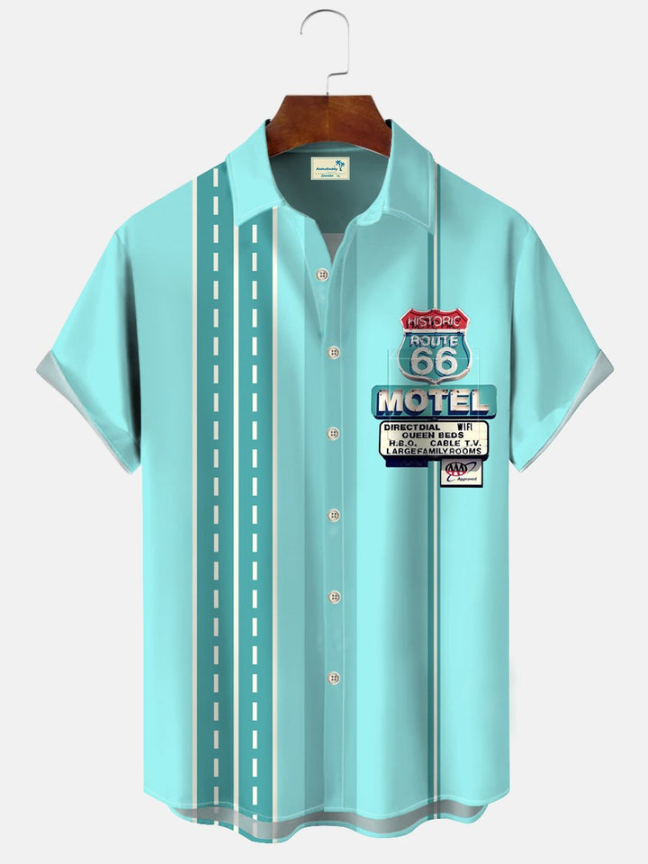 Alohadaddy Route 66 Stop Sign Men Button Pocket Casual 50S Bowling Commuter Short Sleeve Shirt