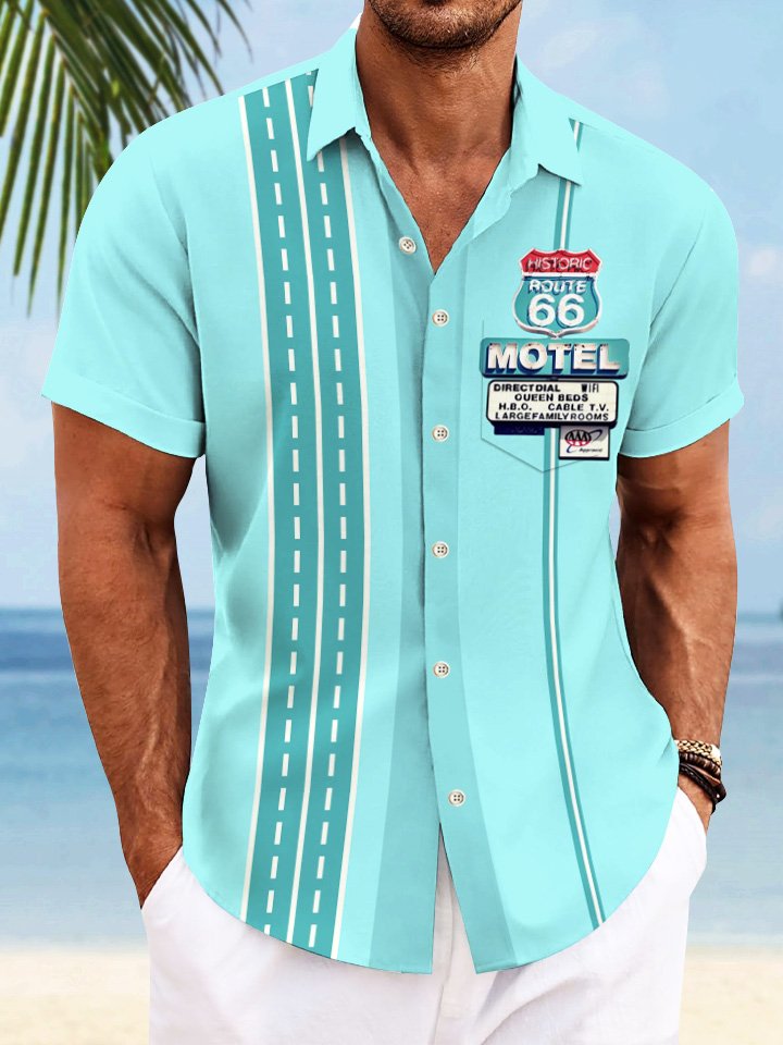 Alohadaddy Route 66 Stop Sign Men Button Pocket Casual 50S Bowling Commuter Short Sleeve Shirt