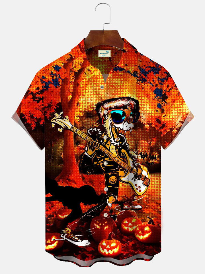 Chemise à manches courtes décontractée à boutons pour hommes Alohadaddy Halloween Pumpkin Guitar