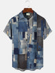 Alohadaddy Retro Ethnic Fabric Texture Denim Men's Buttons Buttons Casual Short Sleeve Shirt