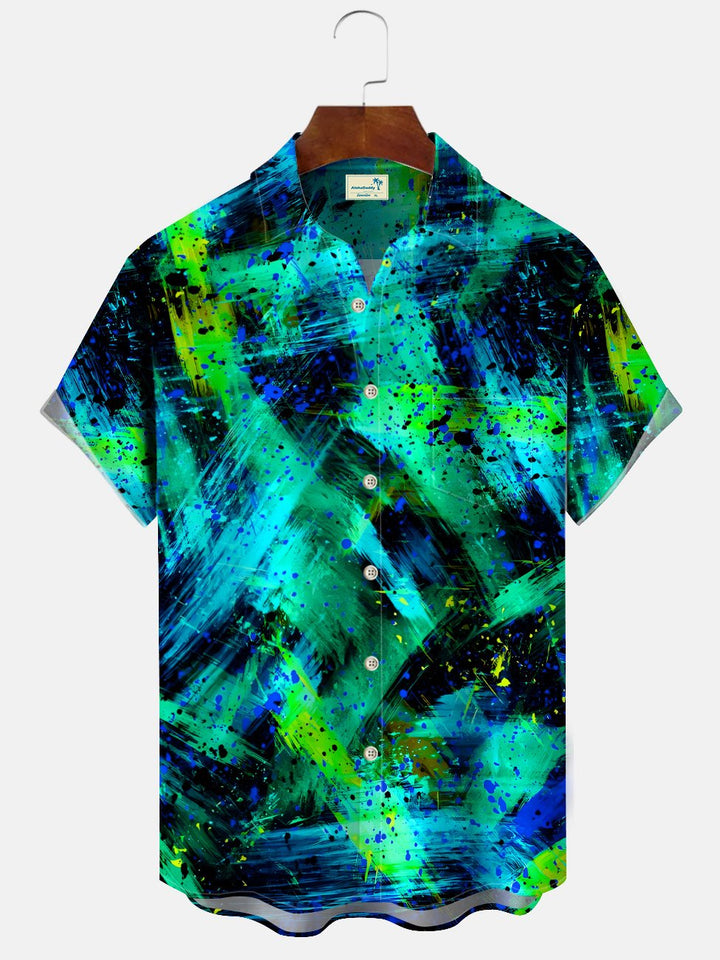 Camisa informal de manga corta con botones y bolsillo en contraste de color fluorescente con pintura al óleo de Alohadaddy