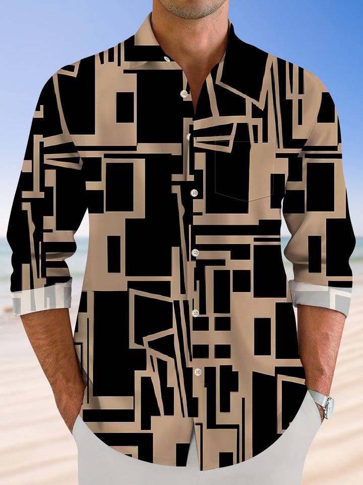 Alohadaddy Geometric Cross Lines Pocket Button Casual Long Sleeve Shirt