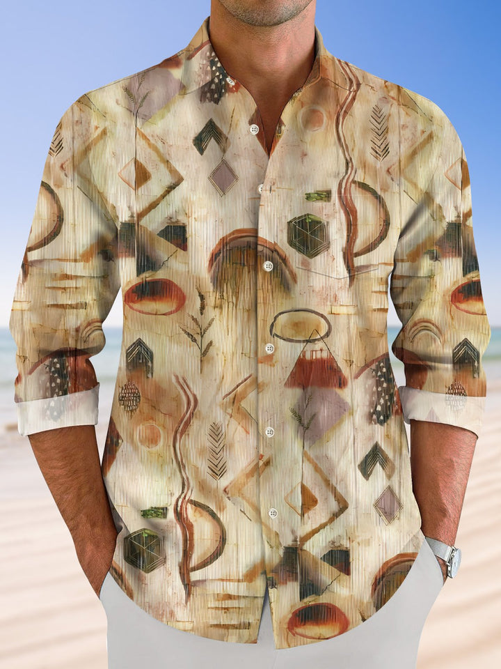 Alohadaddy Retro Ethnic Geometric Pattern Pocket Button Casual Long Sleeve Shirt