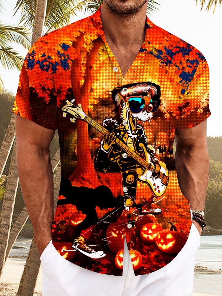 Chemise à manches courtes décontractée à boutons pour hommes Alohadaddy Halloween Pumpkin Guitar