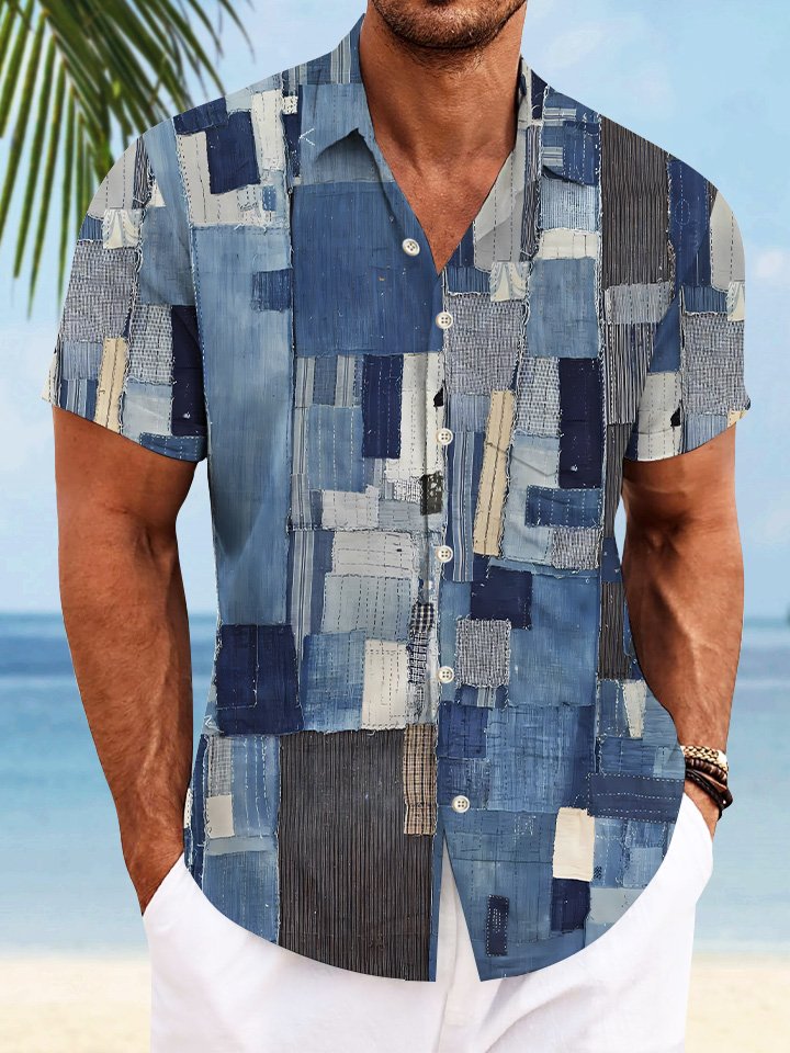 Camisa informal de manga corta con botones y textura de tela étnica retro de Alohadaddy para hombre