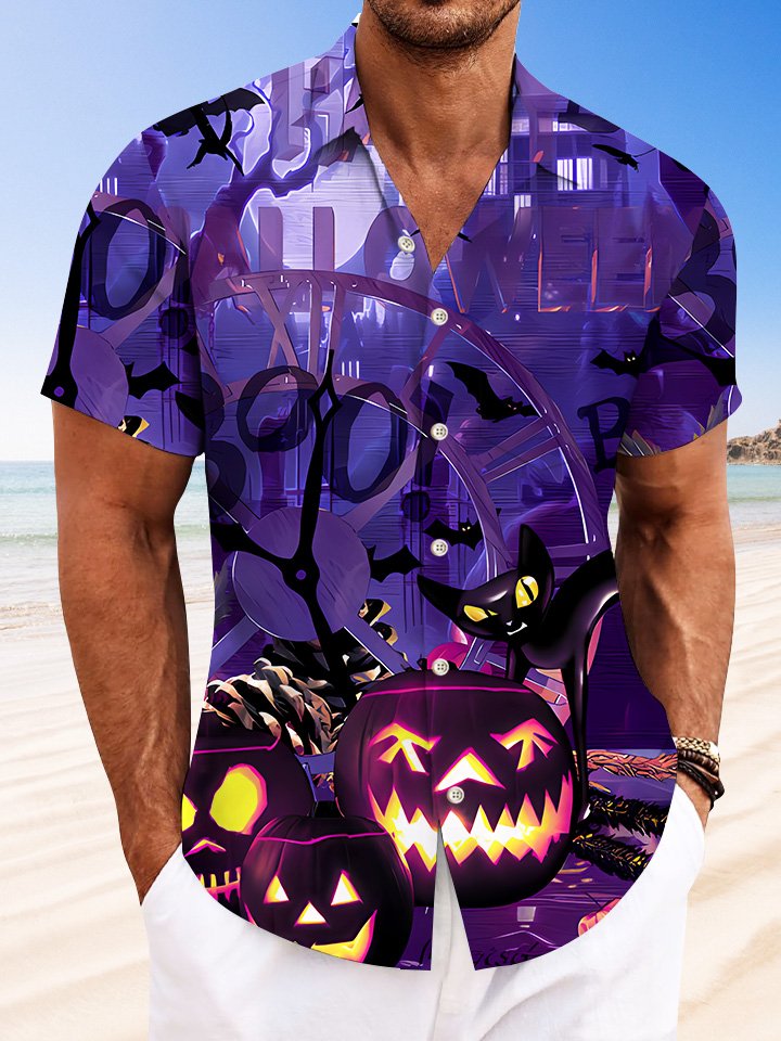 Alohadaddy Halloween Pumpkin Mens Button Down Casual Short Sleeve Shirt