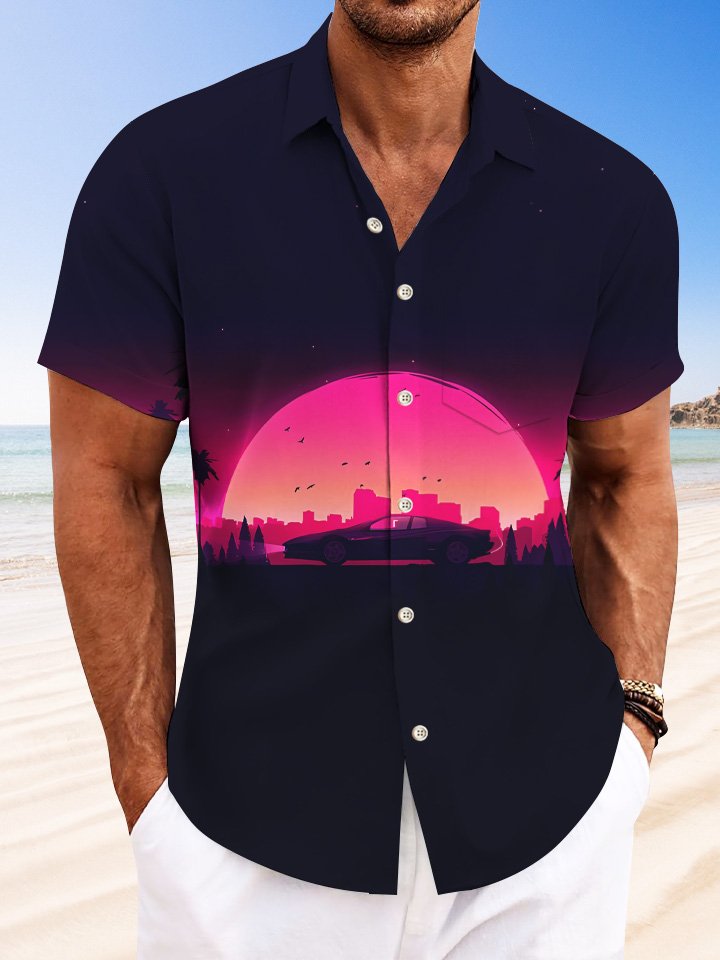 Chemise à manches courtes décontractée à boutons pour hommes Alohadaddy Sunset Coconut Tree Car