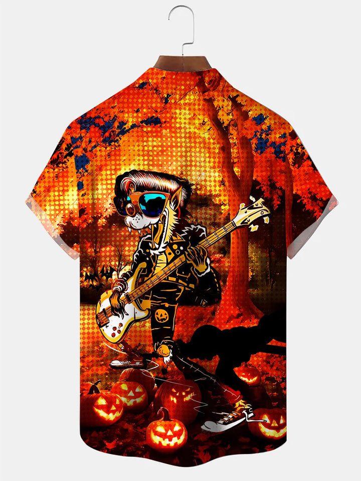 Chemise à manches courtes décontractée à boutons pour hommes Alohadaddy Halloween Pumpkin Guitar