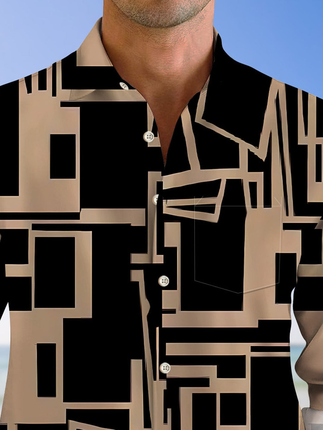 Alohadaddy Geometric Cross Lines Pocket Button Casual Long Sleeve Shirt