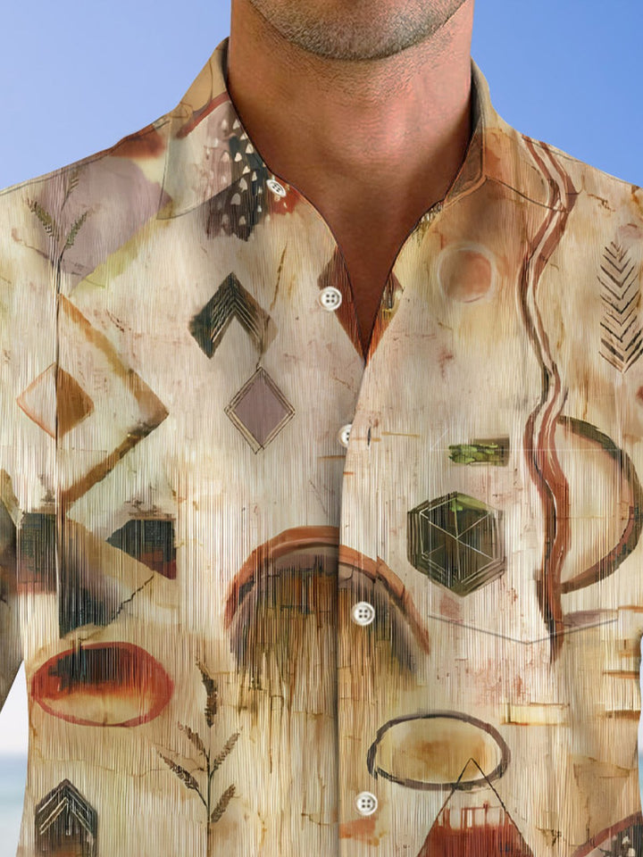 Alohadaddy Retro Ethnic Geometric Pattern Pocket Button Casual Long Sleeve Shirt
