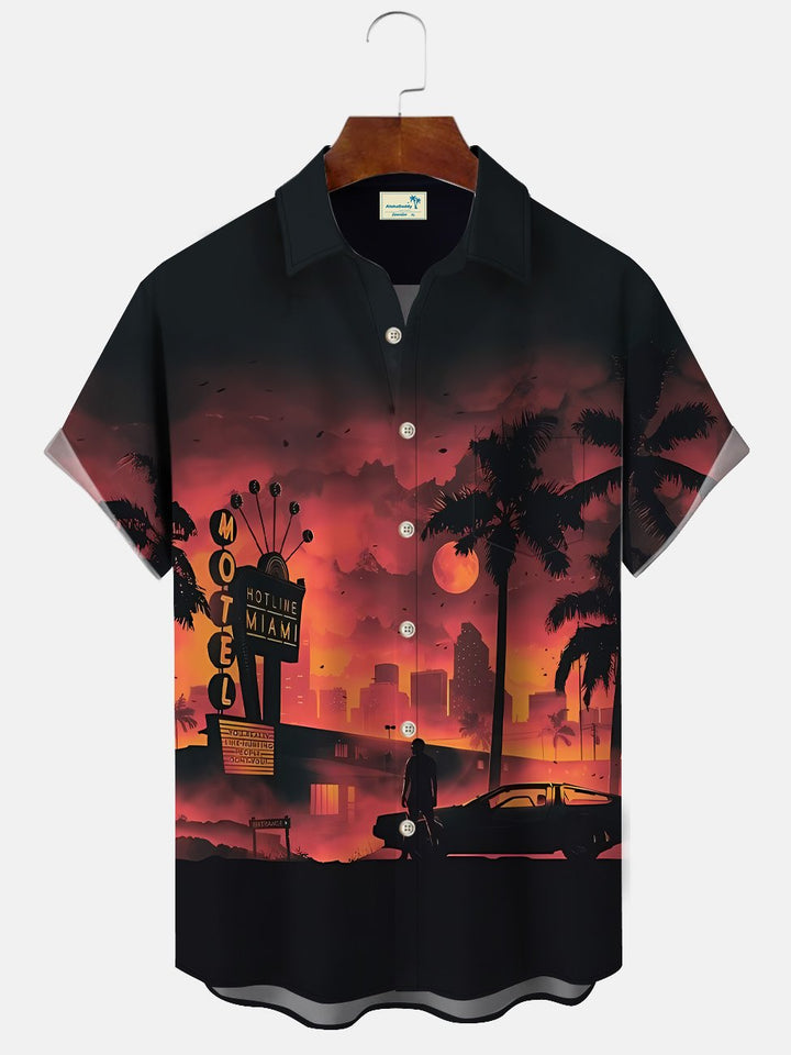 Camisa informal de manga corta con botones y bolsillos en el coche, con diseño de árbol de coco y puesta de sol de Alohadaddy