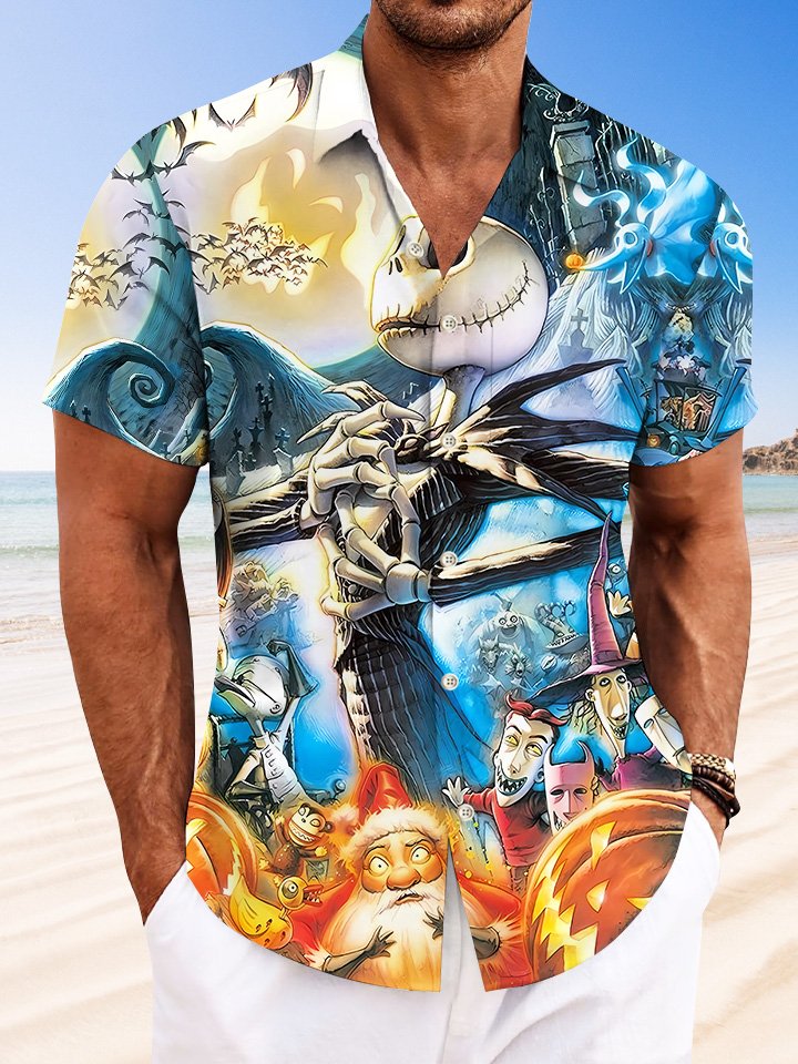 Alohadaddy Halloween Pumpkin Santa Pocket Button Casual Short Sleeve Shirt