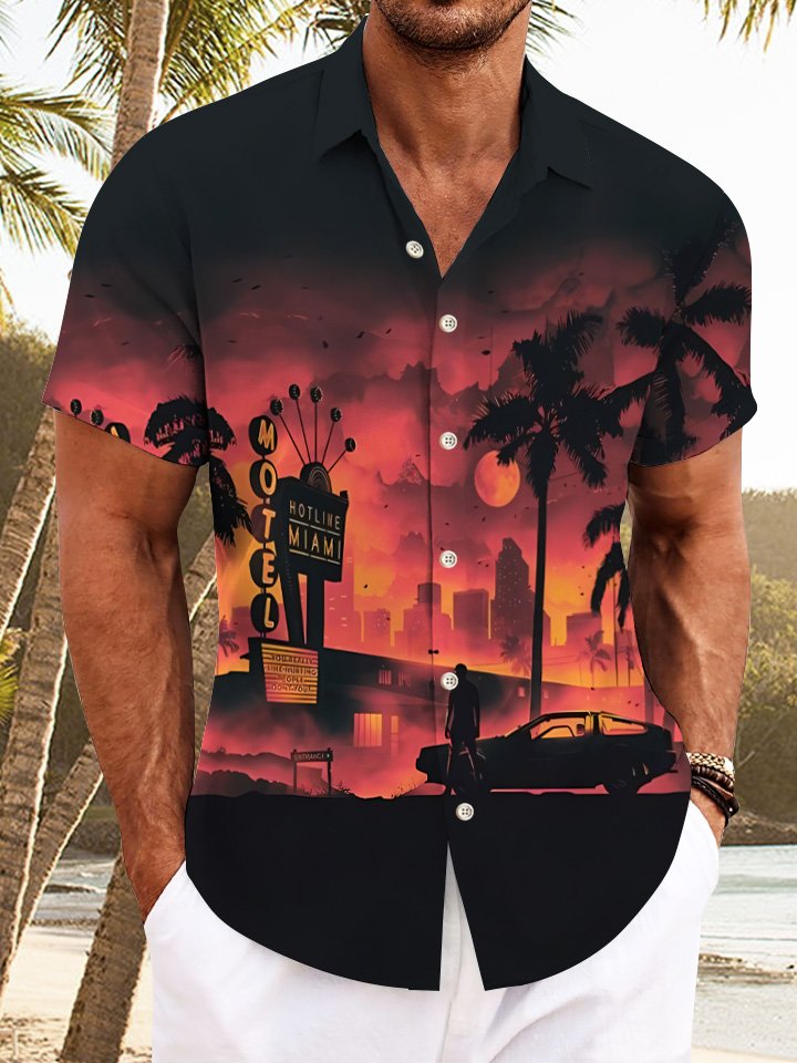 Camisa informal de manga corta con botones y bolsillos en el coche, con diseño de árbol de coco y puesta de sol de Alohadaddy