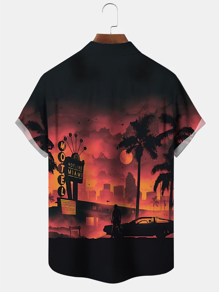 Camisa informal de manga corta con botones y bolsillos en el coche, con diseño de árbol de coco y puesta de sol de Alohadaddy