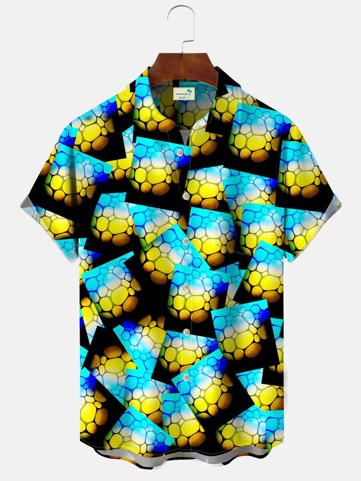 Alohadaddy Fluorescent 3D Geometric Pattern Pocket Button Casual Short Sleeve Shirt