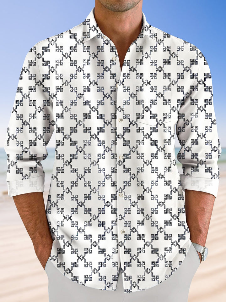 Alohadaddy Ethnic Geometric Cross Pattern Button Pocket Casual Long Sleeve Shirt