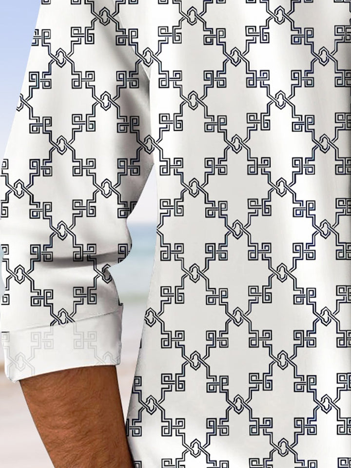 Alohadaddy Ethnic Geometric Cross Pattern Button Pocket Casual Long Sleeve Shirt