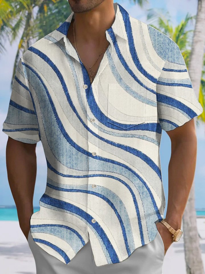 Camisa casual de manga corta con bolsillo abotonado y rayas geométricas con estampado étnico J de Alohadaddy