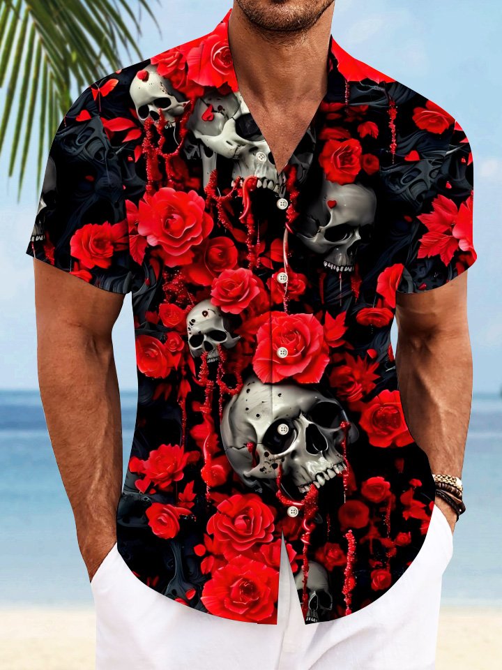 Chemise décontractée à manches courtes avec poche et boutons en forme de crâne rose Alohadaddy