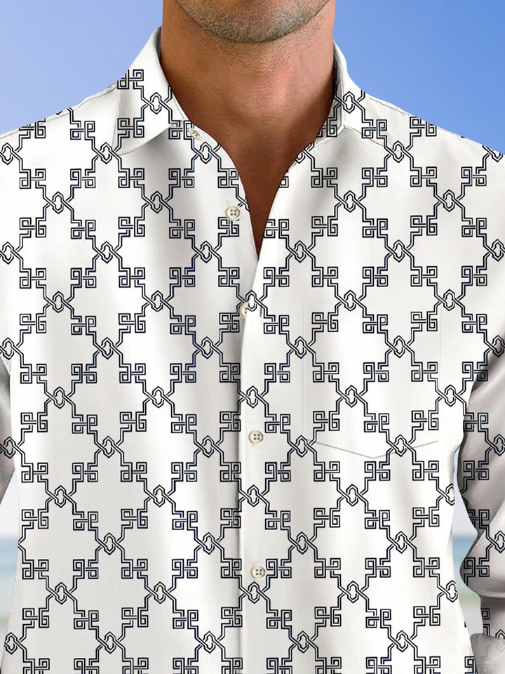 Alohadaddy Ethnic Geometric Cross Pattern Button Pocket Casual Long Sleeve Shirt