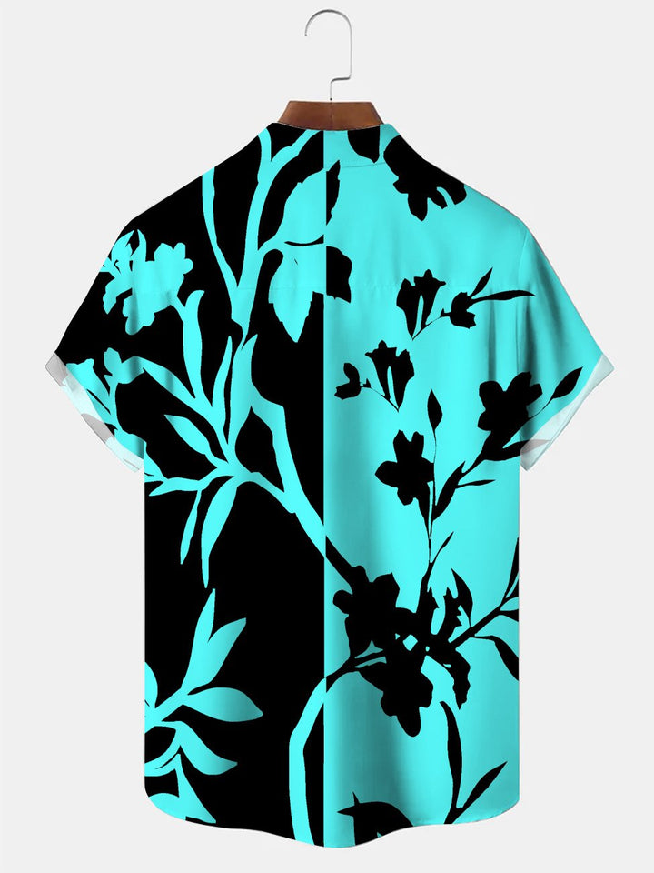 Camisa informal de manga corta con bolsillos y botones, flores, hojas y plantas en contraste de colores Alohadaddy