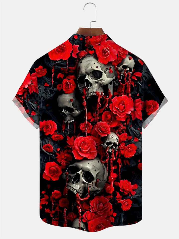 Chemise décontractée à manches courtes avec poche et boutons en forme de crâne rose Alohadaddy