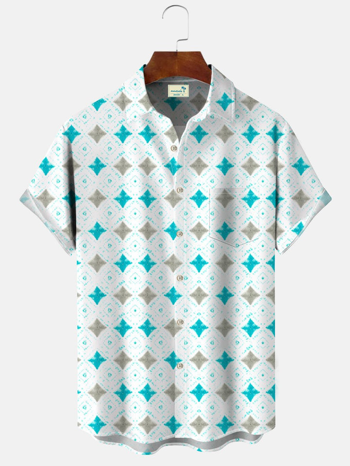 Camisa informal de manga corta con botones y bolsillo con estampado geométrico de colores contrastantes de Alohadaddy