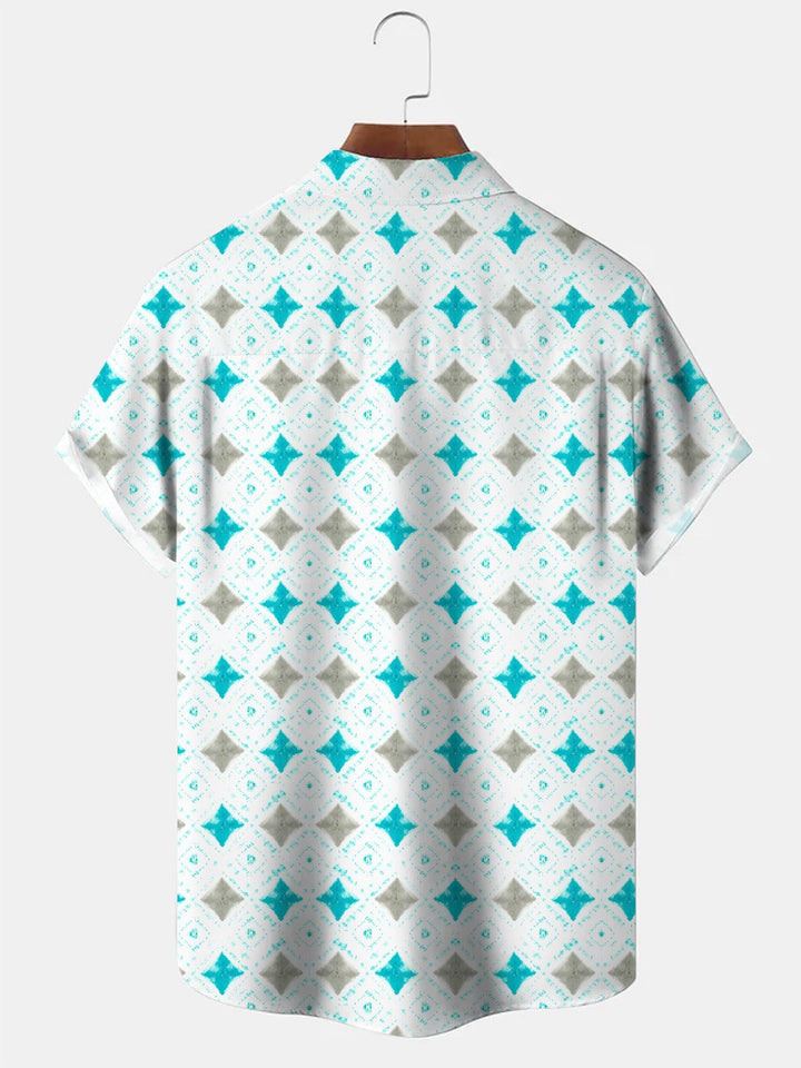 Camisa informal de manga corta con botones y bolsillo con estampado geométrico de colores contrastantes de Alohadaddy