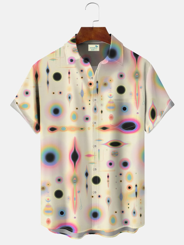 Alohadaddy Fluorescent 3D Geometric Pattern Button Pocket Casual Short Sleeve Shirt