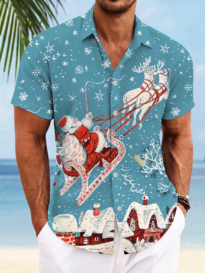 Chemise décontractée à manches courtes avec poche boutonnée et motif flocon de neige de Noël Alohadaddy