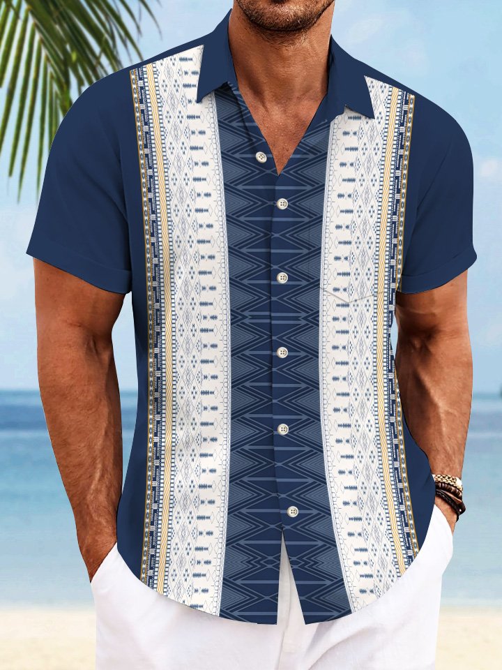 Camisa informal de manga corta para ir a jugar a los bolos, estilo años 50, con bolsillos abotonados y estampado geométrico étnico de Alohadaddy