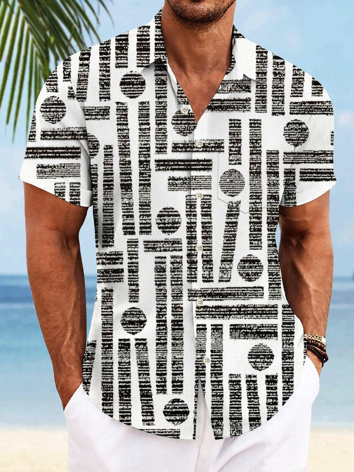 Alohadaddy Retro Geometric Pattern Button Pocket Casual Short Sleeve Shirt