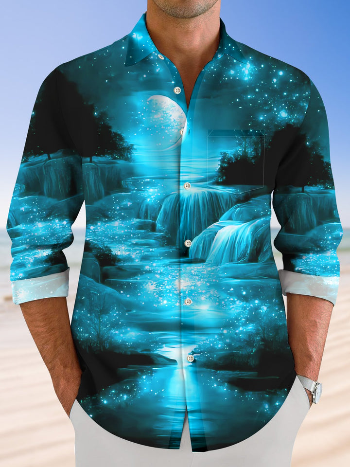 Alohadaddy Sky Aurora Starry Sky Button Pocket Casual Long Sleeve Shirt