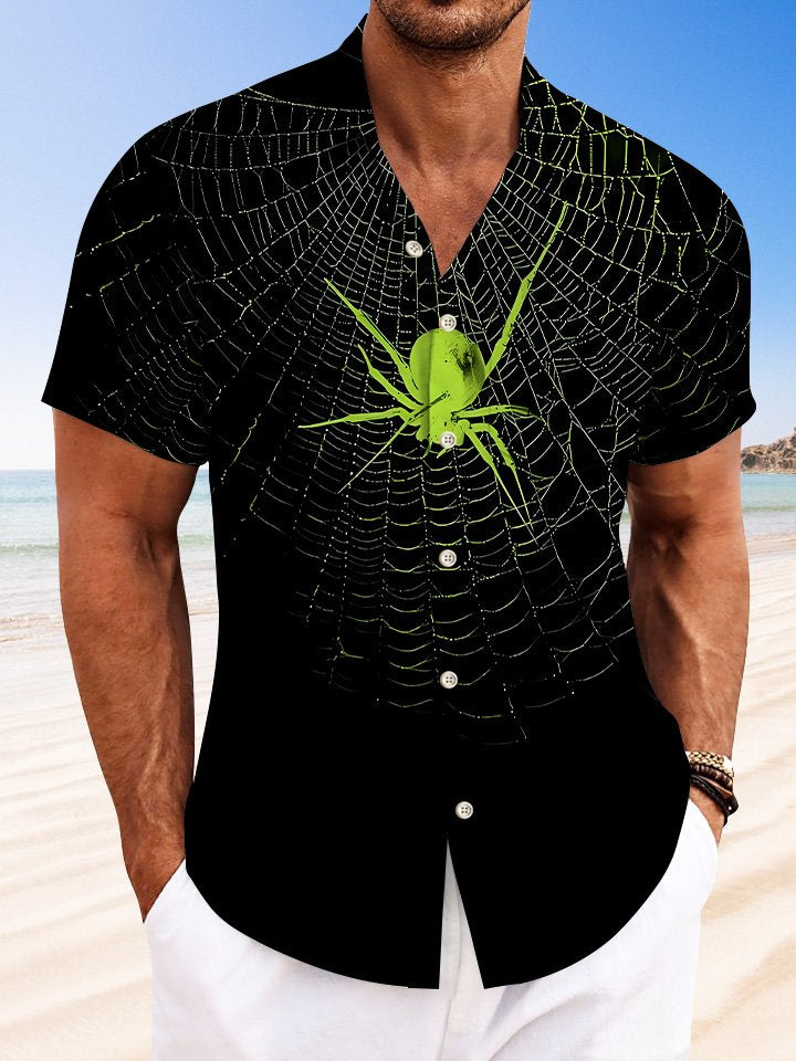 Alohadaddy Halloween Spider Pocket Button Casual Short Sleeve Shirt