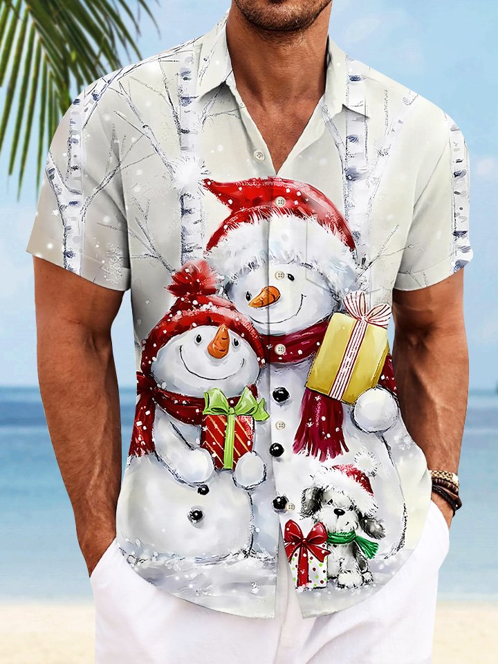 Chemise décontractée à manches courtes avec poche boutonnée et bonhomme de neige de Noël Alohadaddy