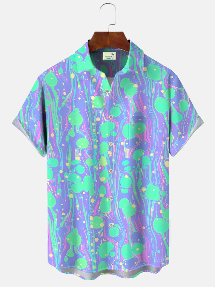 Alohadaddy Geometric Lines Polka Dots 3D Fluorescent Color Pockets Buttons Casual Short Sleeve Shirt