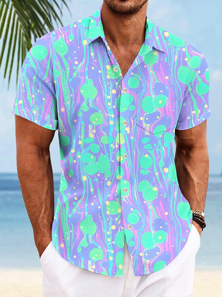 Alohadaddy Geometric Lines Polka Dots 3D Fluorescent Color Pockets Buttons Casual Short Sleeve Shirt