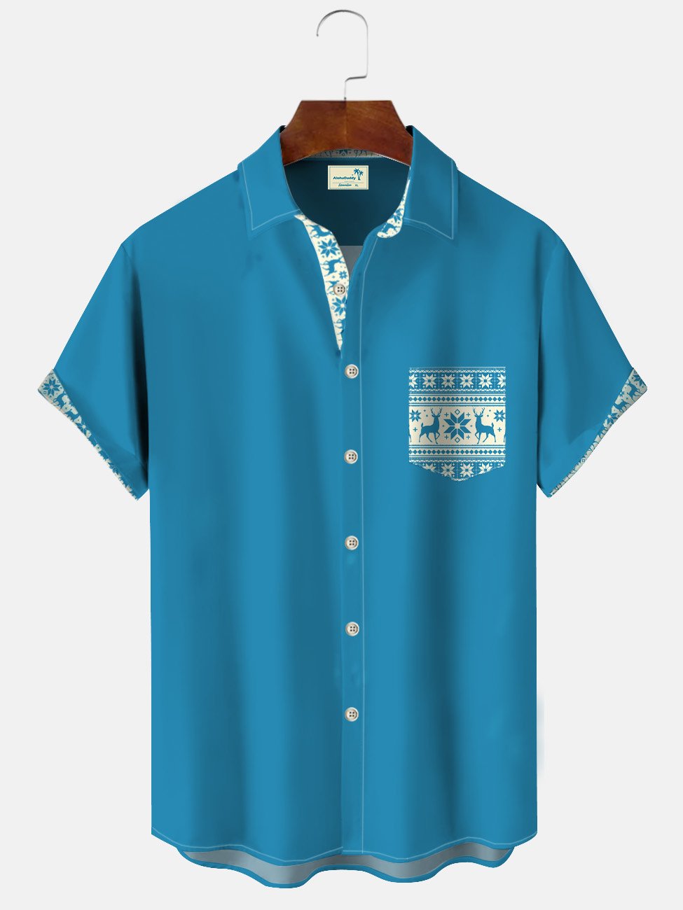Alohadaddy Christmas Elk National Button Pocket Casual 50S Bowling Commuter Short Sleeve Shirt