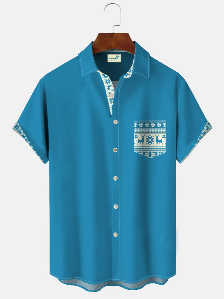 Alohadaddy Christmas Elk National Button Pocket Casual 50S Bowling Commuter Short Sleeve Shirt