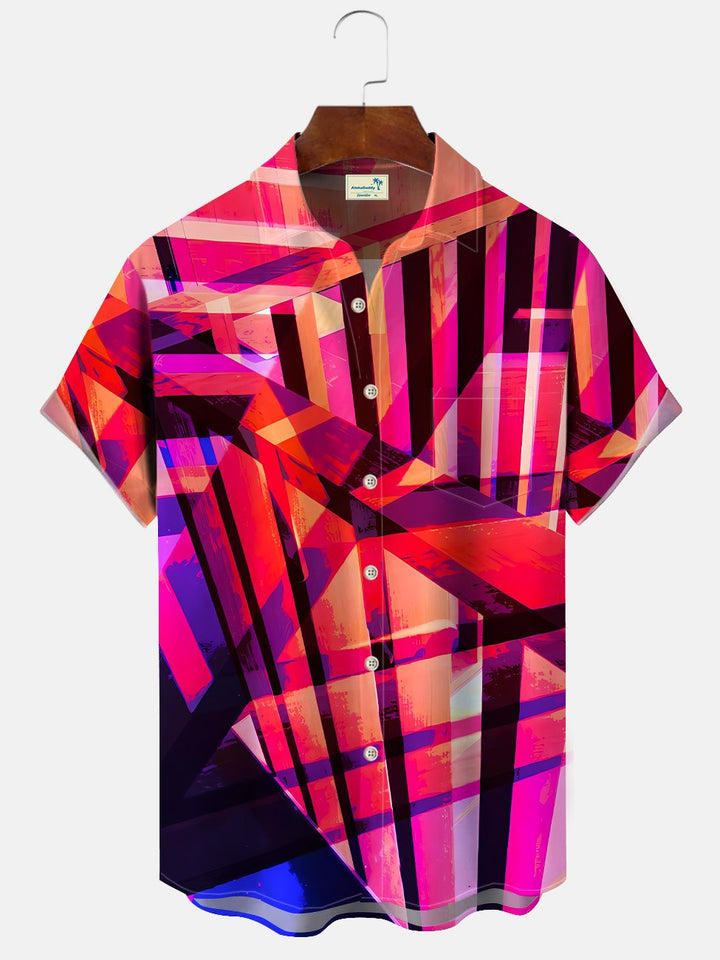 Alohadaddy Geometric 3D Pattern Pocket Button Casual Vacation Short Sleeve Shirt
