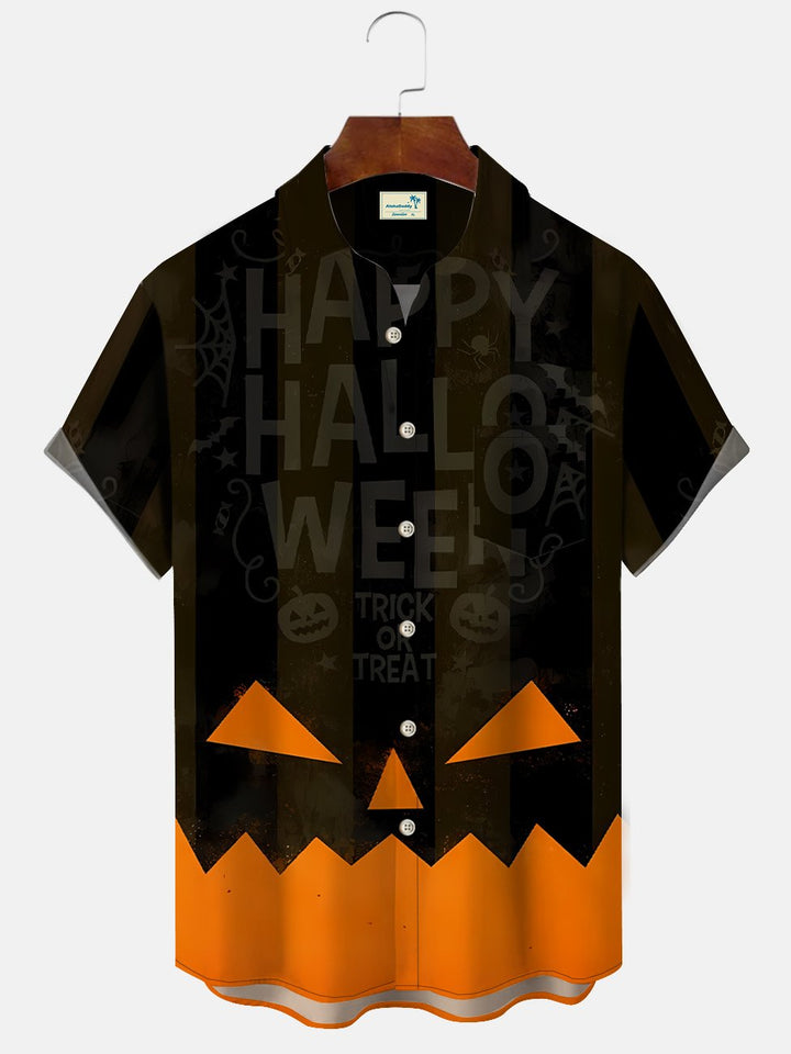 Alohadaddy Halloween Pumpkin Text Pocket Button Casual Holiday Short Sleeve Shirt