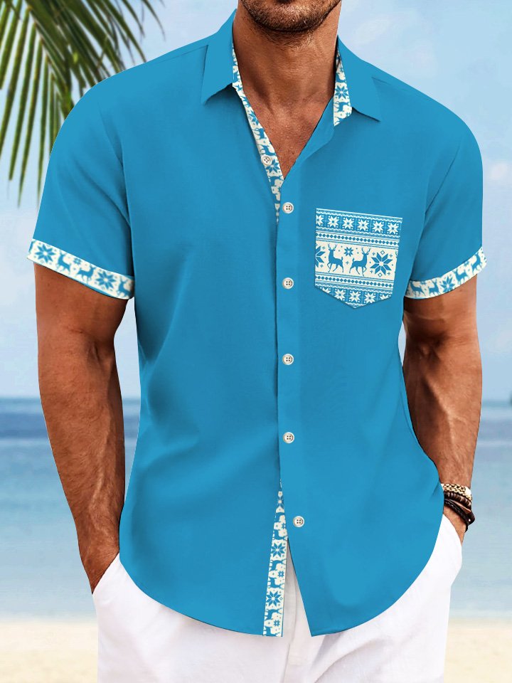 Alohadaddy Christmas Elk National Button Pocket Casual 50S Bowling Commuter Short Sleeve Shirt