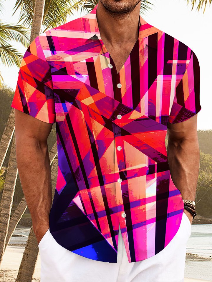 Alohadaddy Geometric 3D Pattern Pocket Button Casual Vacation Short Sleeve Shirt