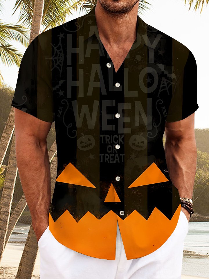 Alohadaddy Halloween Pumpkin Text Pocket Button Casual Holiday Short Sleeve Shirt