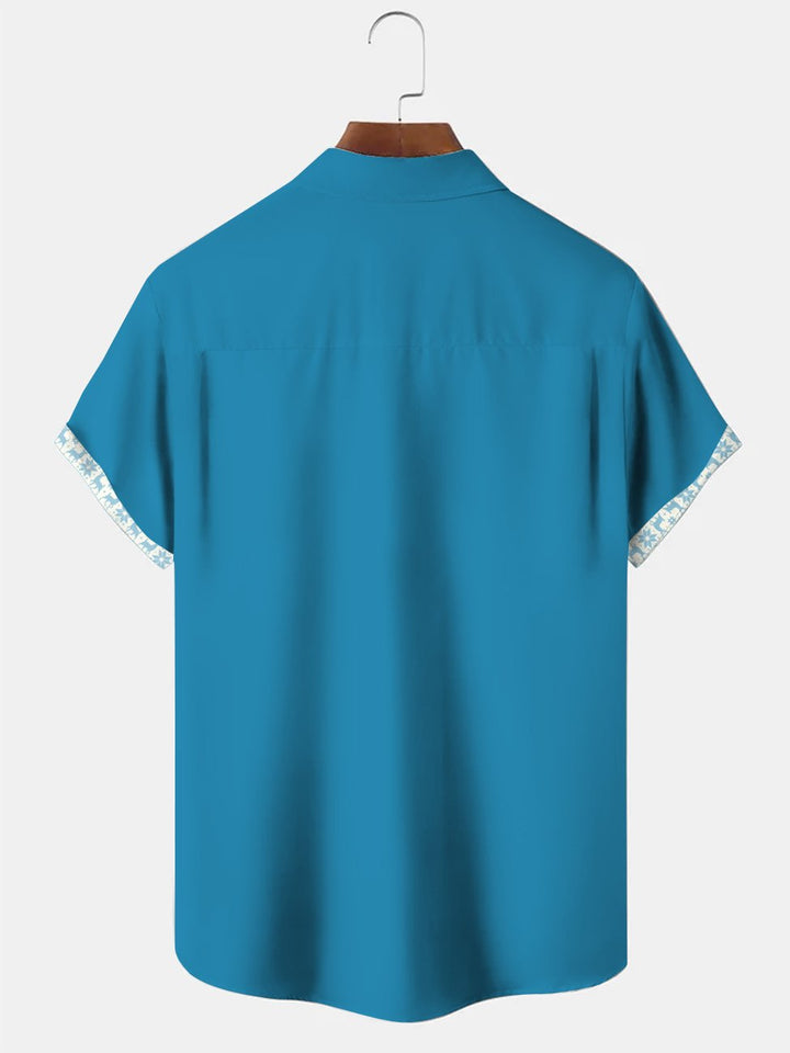 Alohadaddy Christmas Elk National Button Pocket Casual 50S Bowling Commuter Short Sleeve Shirt
