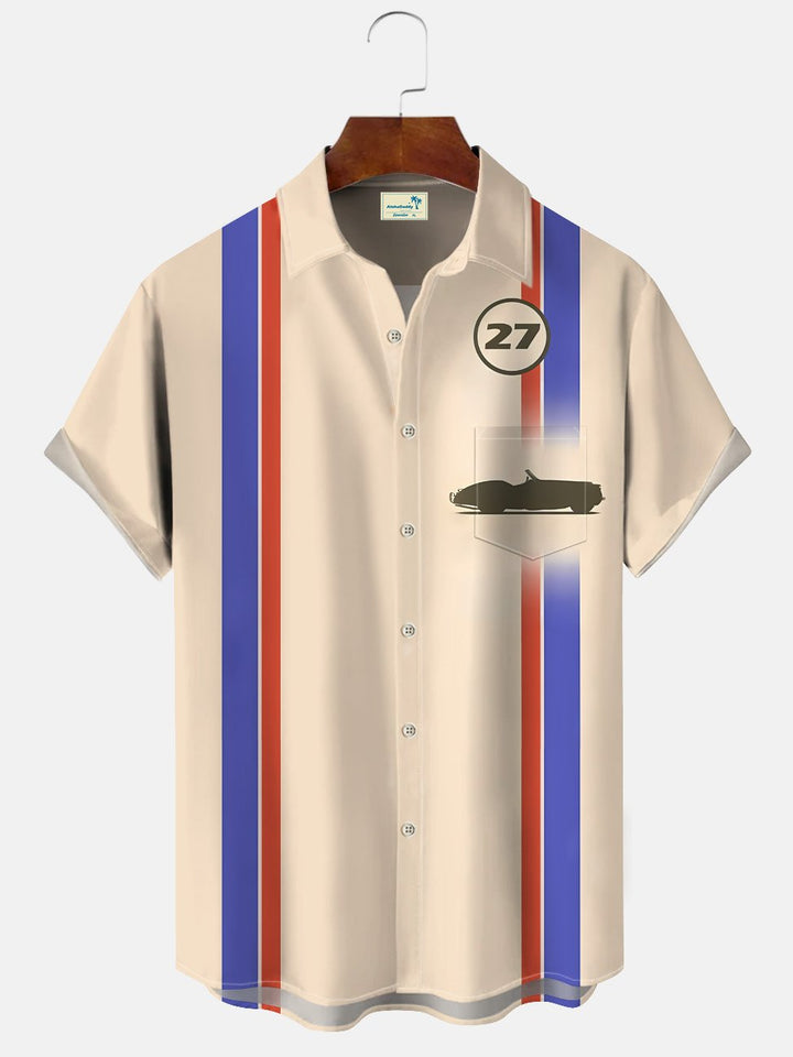 Alohadaddy Car Number Pocket Button Casual 50S Bowling Commuter Short Sleeve Shirt
