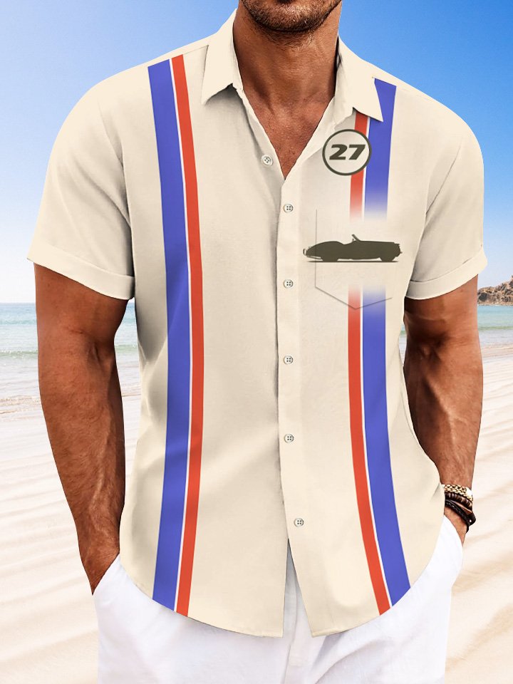 Alohadaddy Car Number Pocket Button Casual 50S Bowling Commuter Short Sleeve Shirt