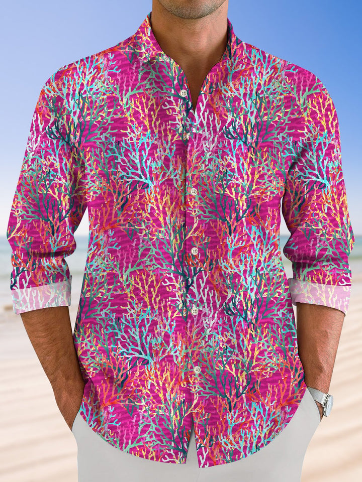 Camisa informal de manga larga con bolsillos y botones en degradado coral océano de Alohadaddy