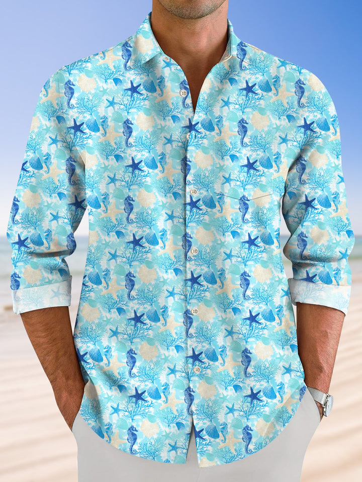 Camisa informal de manga larga con bolsillos y botones con degradado animal de coral oceánico de Alohadaddy